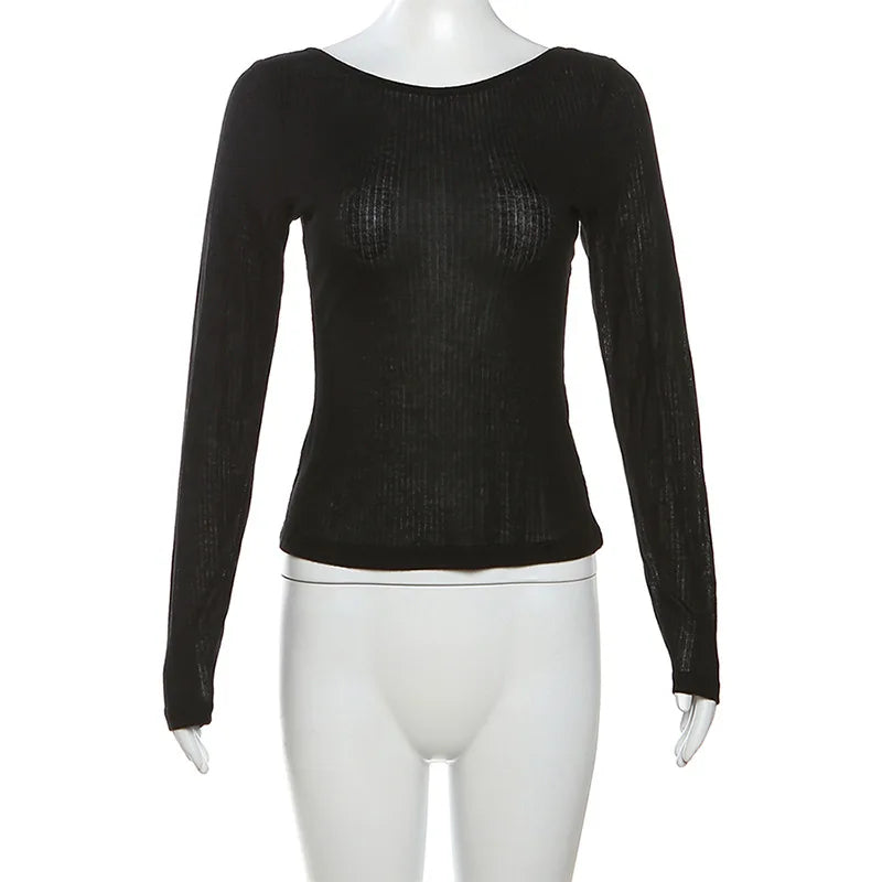 Women Autumn Long-sleeved Slash Neck Crops Tops Elastic Sexy Slim