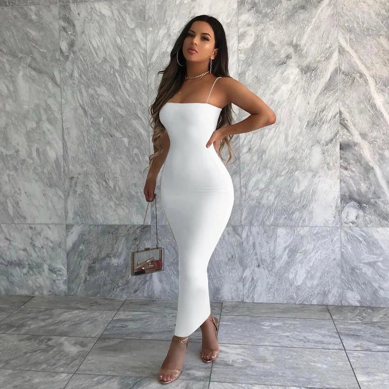 Nsangu 2024 Autumn Winter Women Solid White Black Strap Midi Dress