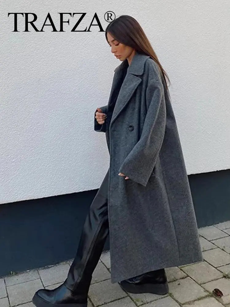 TRAFZA Winter Coat For Women 2024 Solid Lapel Double Breasted Long