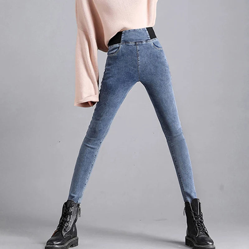 Oversize 26-38 Black Skinny Pencil Jeans Women High Waist Slim Denim