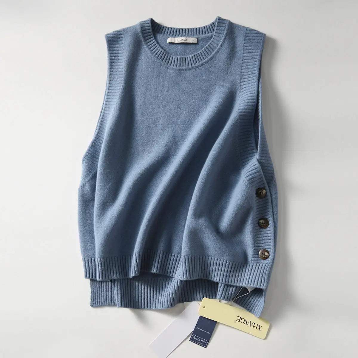College Style Hem Three Button Sweater Knitted Vest Women Solid O Neck