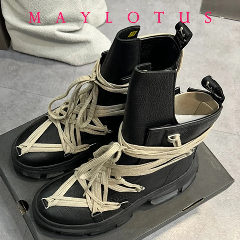 Cross Strap High-Top Boots for Men Side Zippers Outdoor Booties Male