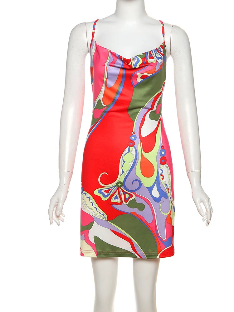 Weird Puss Colorful Print Dress Women Backless Sleeveless Tight Summer