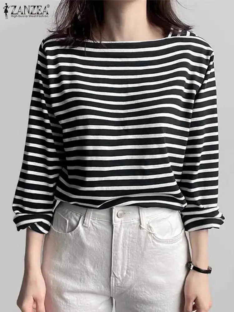 ZANZEA Fashion Striped Blouse Women Elegant Square Neck Long Sleeve