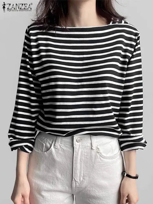 ZANZEA Fashion Striped Blouse Women Elegant Square Neck Long Sleeve