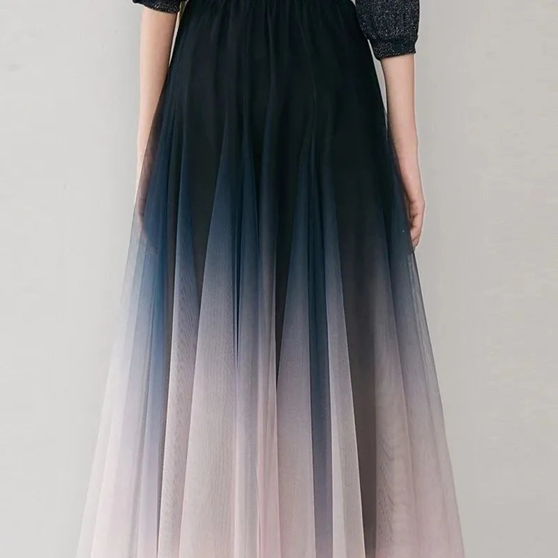 MEXZT Elegant Tulle Skirts Women High Waist Gradient Mesh Pleated Midi