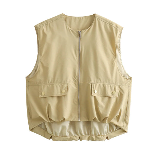 MUJER Ruched Sleeveless Vest Women Zip Loose Summer Vests for Women