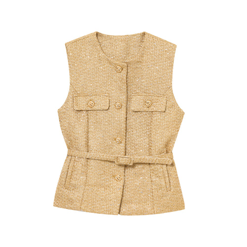 TRAFZA Women Fashion Tweed Belt Waistcoat O Neck Single Breasted