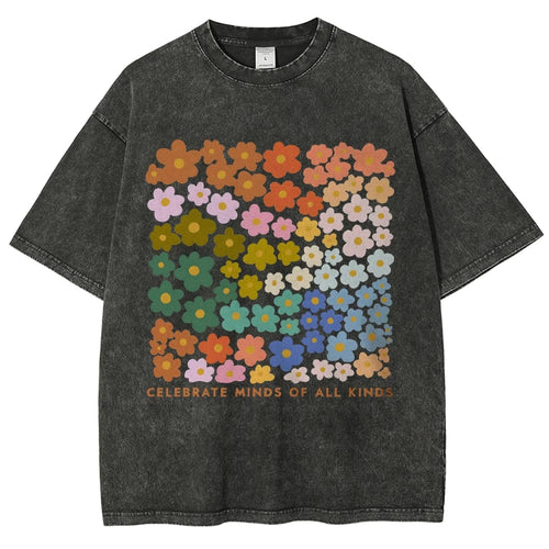 100% Color Flower Letter Print T-Shirt Loose Retro Old Shoulder Wash