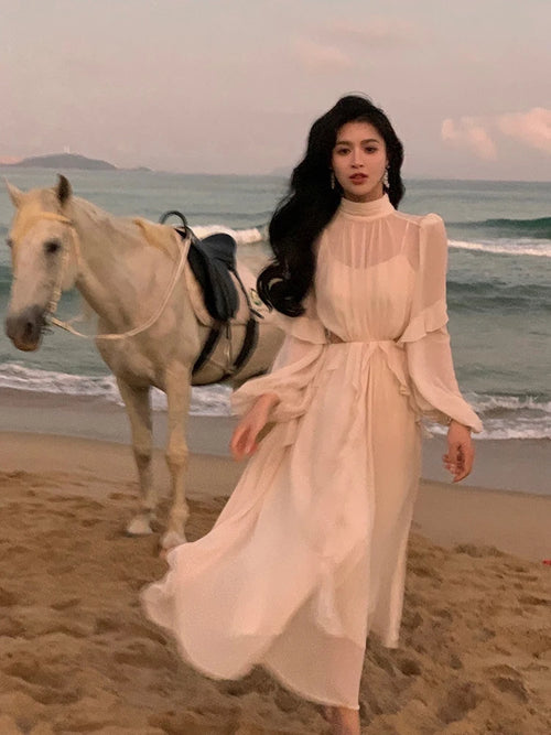 Beach Style Chiffon Y2k Mini Dress Office Lady Casual Long Sleeve