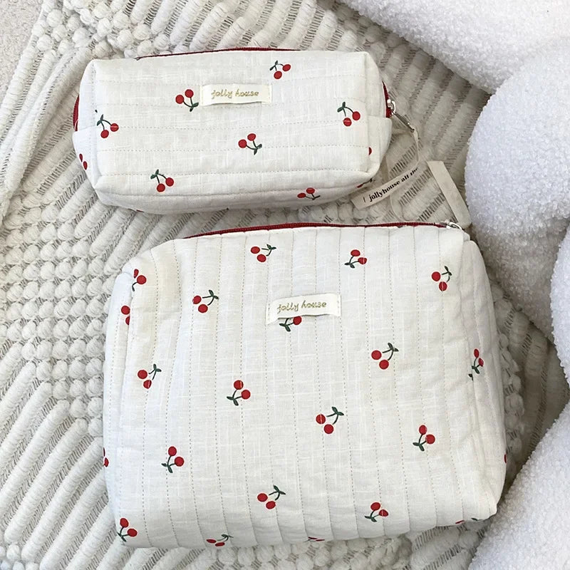 Quilted Cotton Ladies Travel Storage Bag Retro Cherry Women's Cosmetic