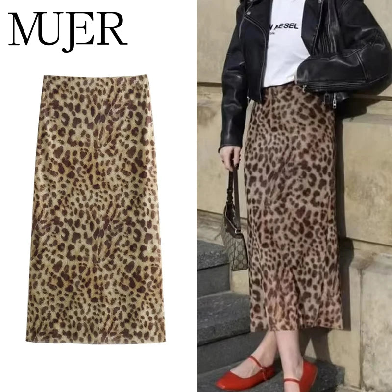 MUJER Leopard Print Midi Skirt Woman Tulle High Waist Long Skirts For