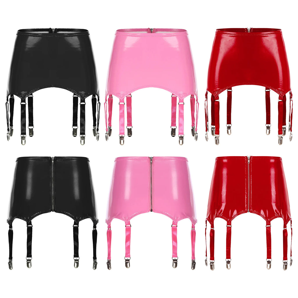 Womens Garters Suspender Belt Skirts Ladies Wet Look Mini Skirts
