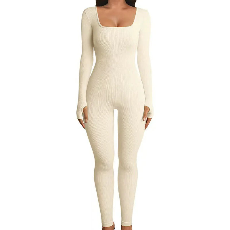 Solid Color Ribbed Yoga Jumpsuit, Seamless Slim Fit Long Sleeve Sports