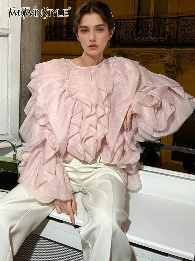 TWOTWINSTYLE Elegant Patchwork Ruffles Chiffon Blouses Women O Neck