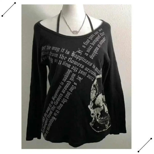 Harajuku T Shirts for Women Skull Print Slash Neck Y2k Tops Fashion