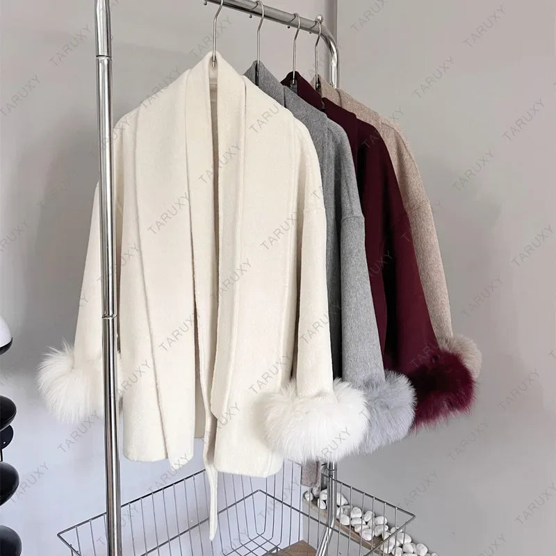 TARUXY Fox Fur Woolen Coats Women's Short Coat Office Lady Removable