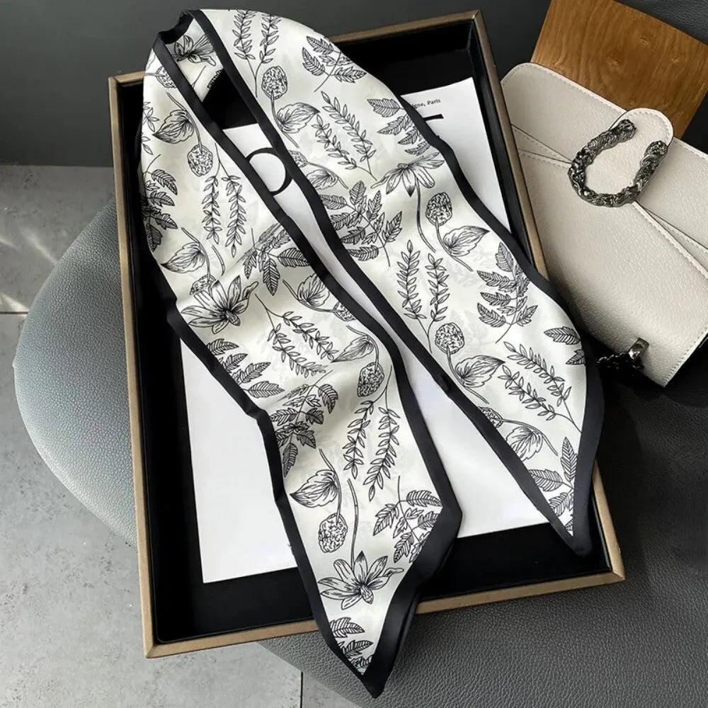 Fashion Print Hair Ribbon Scarf Women Neck Tie Bag Silk Skinny