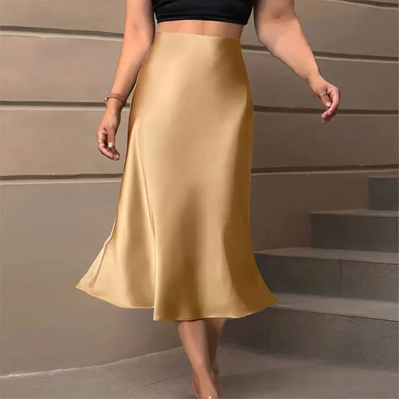 Satin Skirts for Women Korean Style Champagne Office High Waist A-line