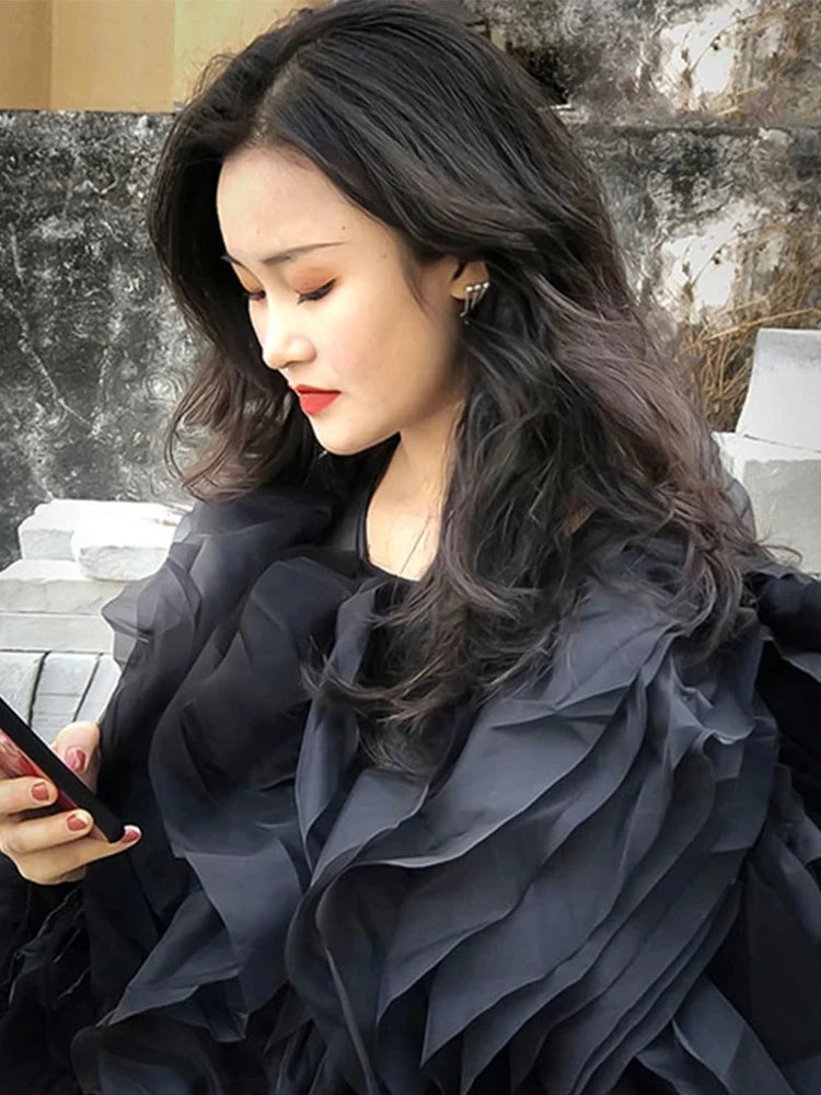 TWOTWINSTYLE Elegant Patchwork Ruffles Chiffon Blouses Women O Neck