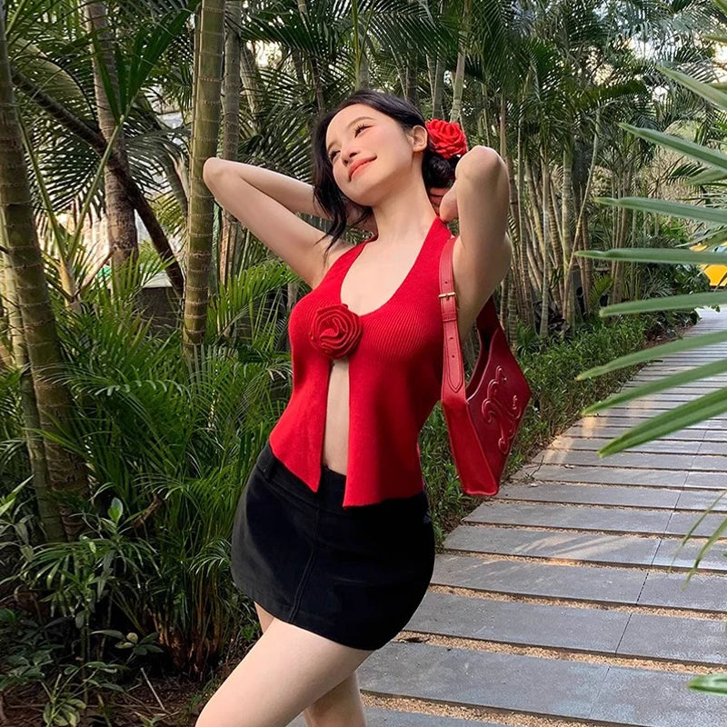 Summer Sweet Flower Knitted Camisole Women's Sexy Halter V-neck