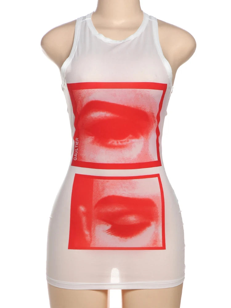 Weird Puss Lip Print Women Long Tops Sexy Y2K Hipster Thin O-neck