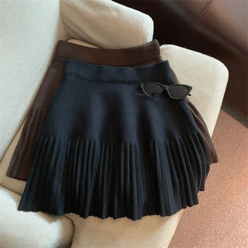 Pleated Mini Skirts Korean Sweet Knitted Skirts Sweet Elastic Waist