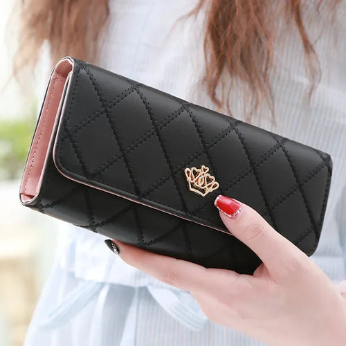 Black Long Wallets for Women PU Leather Diamond Pattern Purse Card