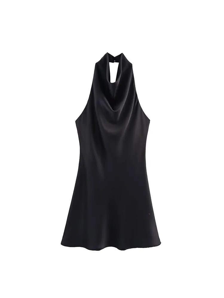 2025 Women Summer Halter Mini Dress Fashion Sexy Satin Backless Solid