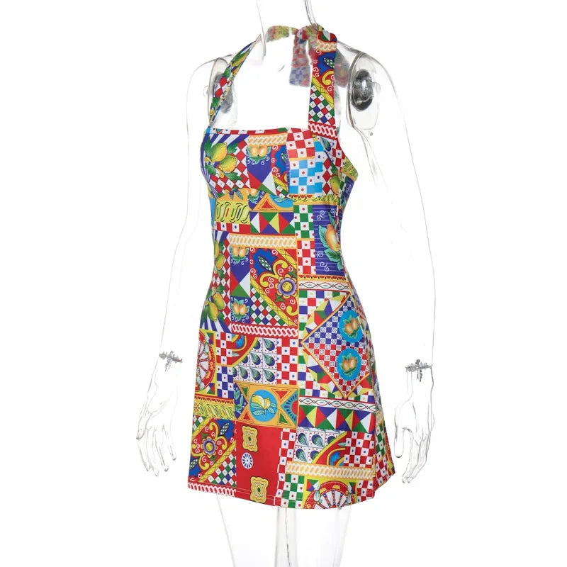 Bandage Halter Sexy Y2K Print Party Club Birthday Mini Dress Outfits