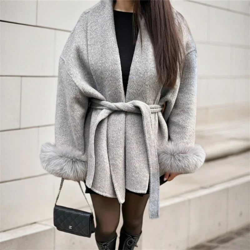 TARUXY Fox Fur Woolen Coats Women's Short Coat Office Lady Removable