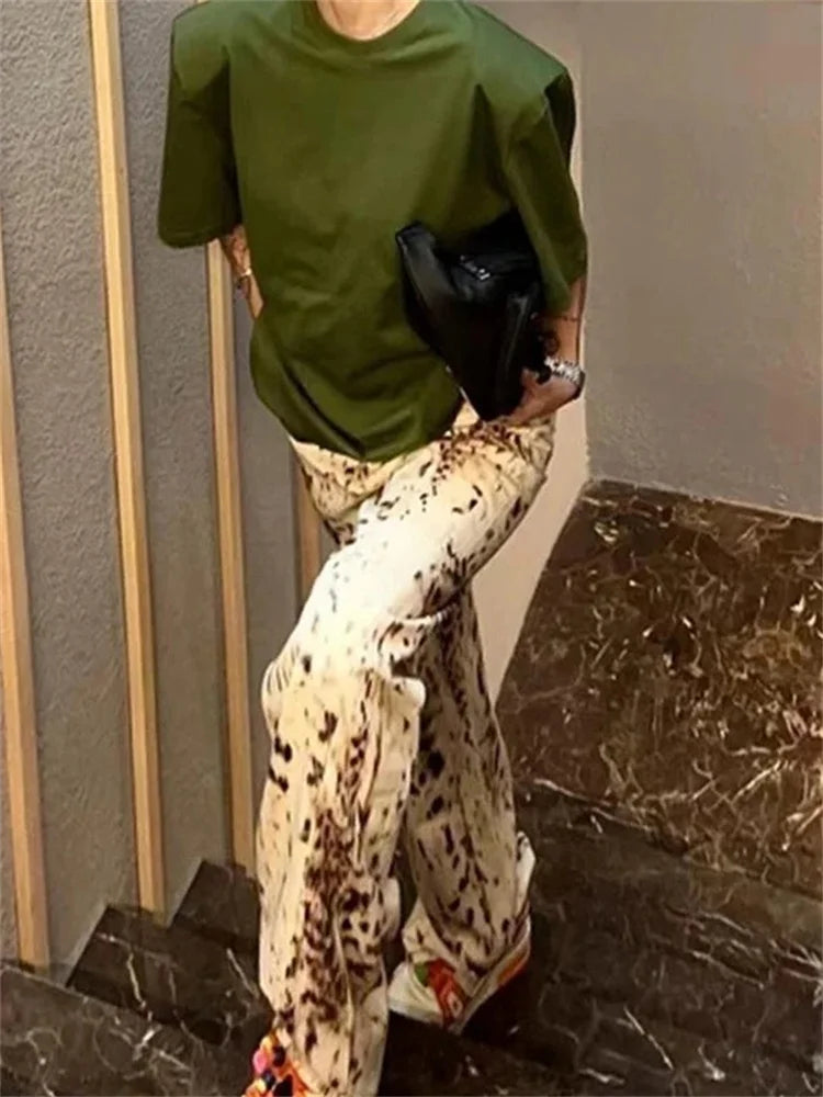 Leopard Print Straight Wide Leg Jeans Women High Waisted Retro Jeans