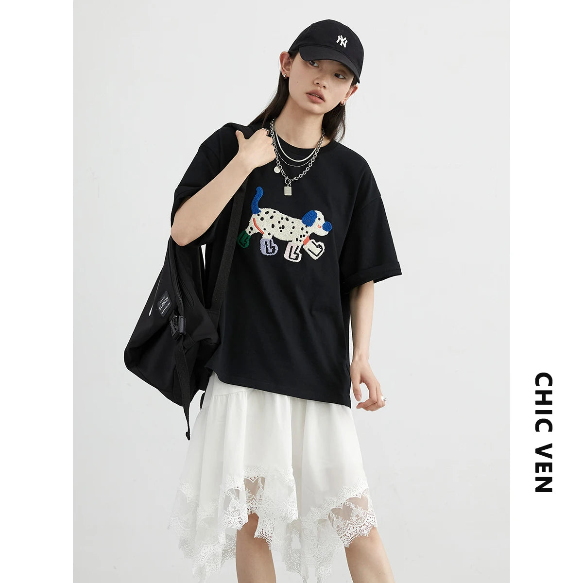 CHIC VEN Women T-Shirts Loose Streetwear Unisex Fun Dog Embroidered