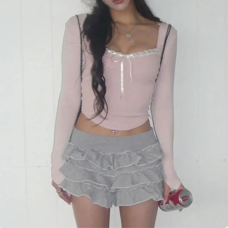 Mooyu Cute Bandage Bow Cropped Top Pink Sweet Coquette Sweet T Shirts
