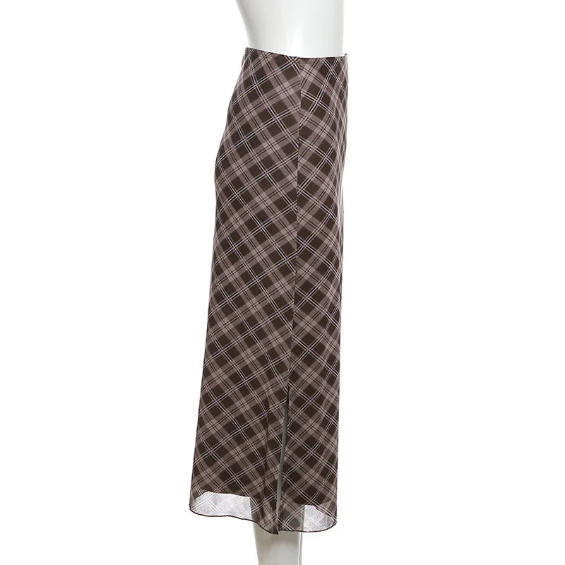 Women Spring Autumn Plaid Print Wrap Hips Skirts Fashion Ankle-Length