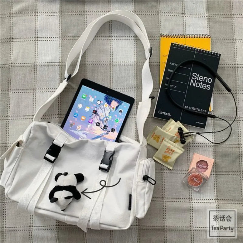 Japanese Harajuku Women Messenger Bag Solid Color Canvas Crossbody