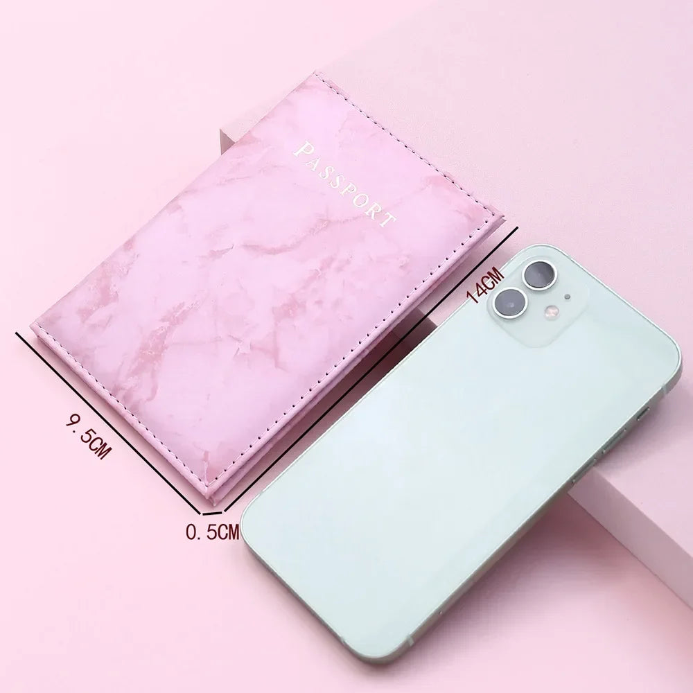 Women Fashion Pink Marble Pattern Travel Passport Cover Holder Bag