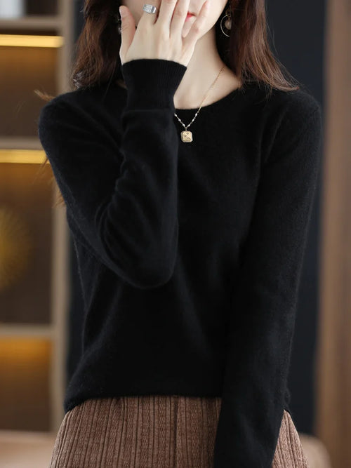 Fashion 100% Merino Wool Women's Sweater O-Neck Long Sleeve Pullover
