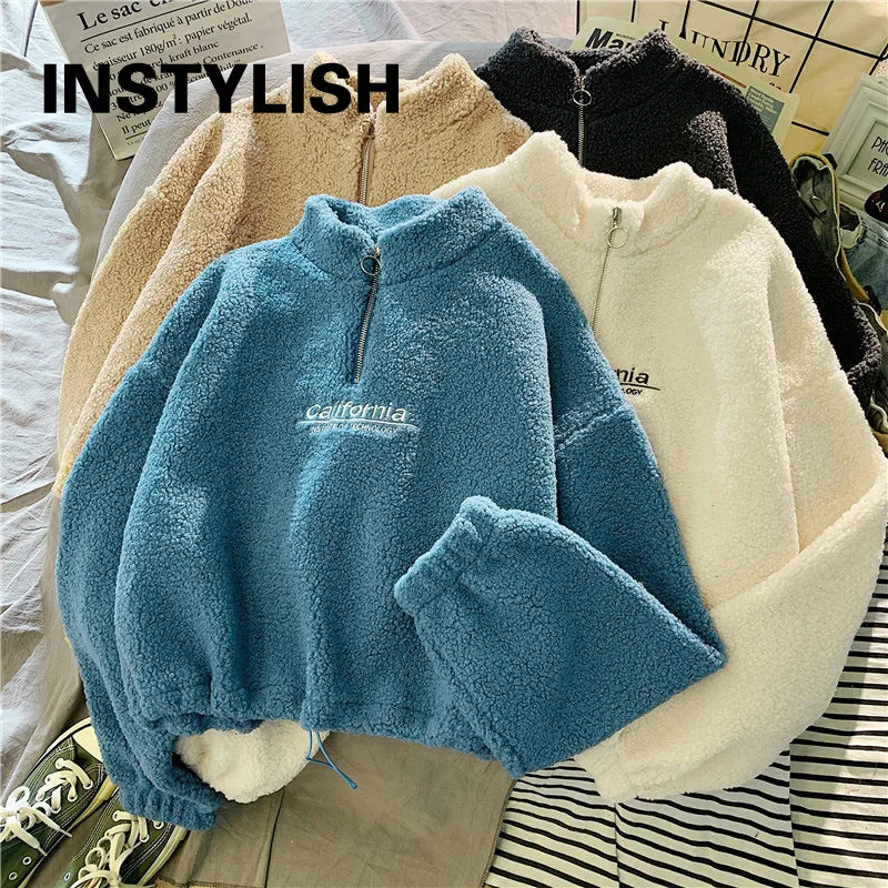 Women Stand Neck Fleece Cropped Hoodies Autumn Letter Embroidery Long