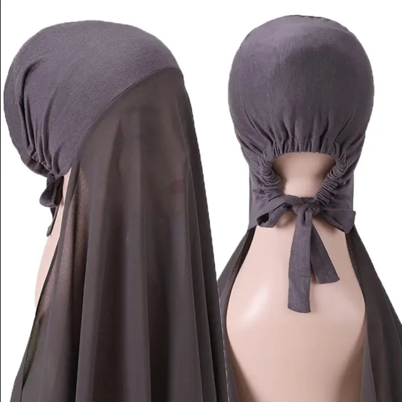 Muslim Instant Hijab Women Bonnet with Chiffon Shawl Head Scarf Cap