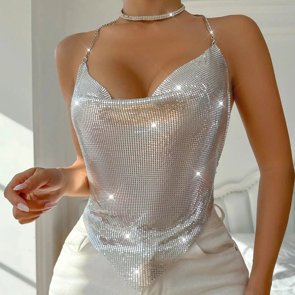 Women Sexy Metal Sequined Tank Camis Summer Backless Glitter Beach
