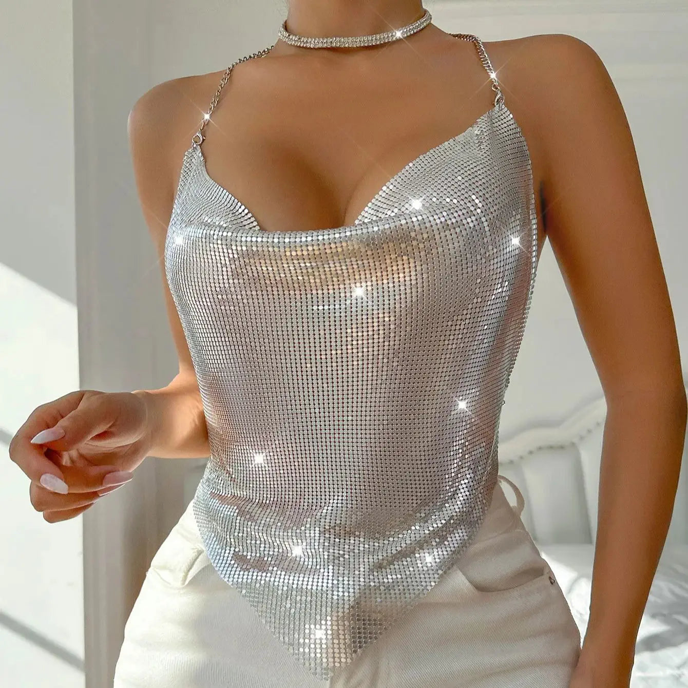 Women Sexy Metal Sequined Tank Camis Summer Backless Glitter Beach
