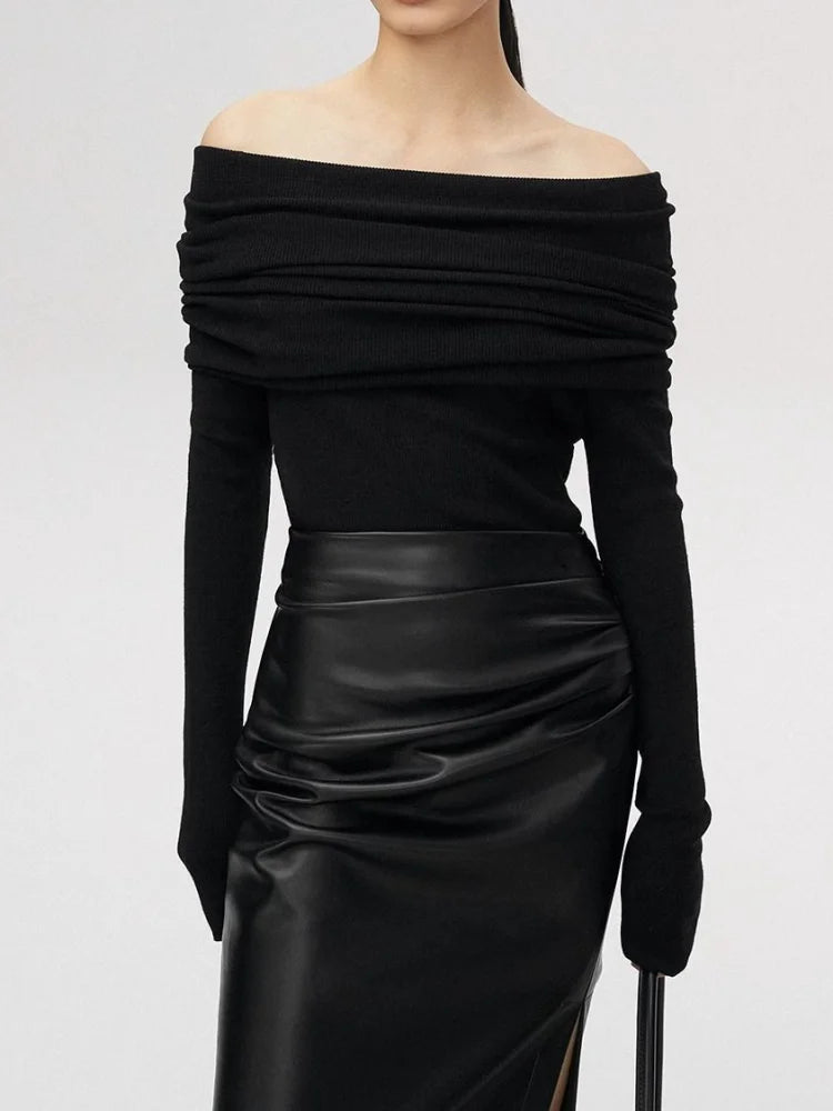 Slash Neck Sweater Women Tops Knitted Slim Basic All-match Sexy