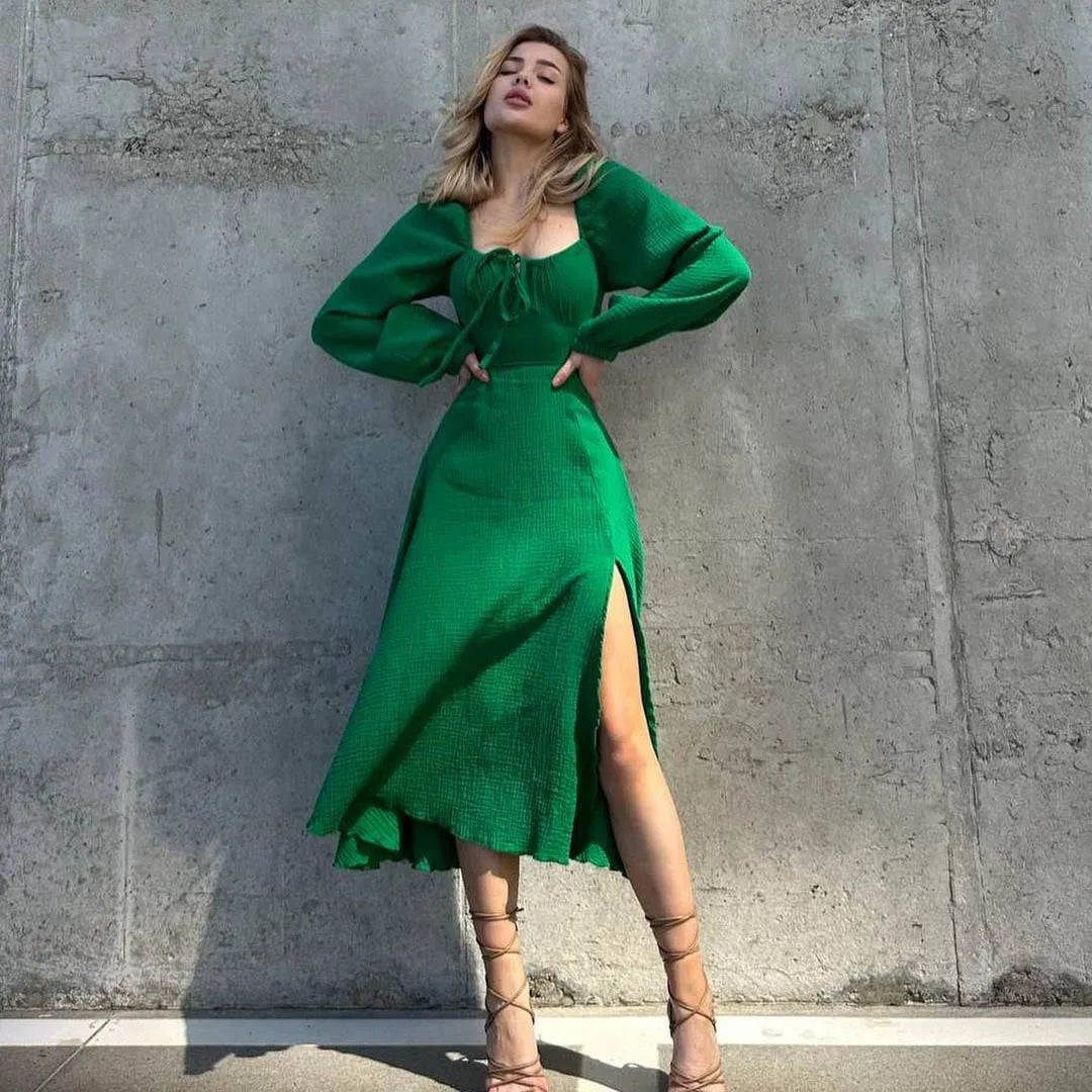 Lace-up Square Collar Sexy Dress Women Autumn Lantern Sleeve Solid