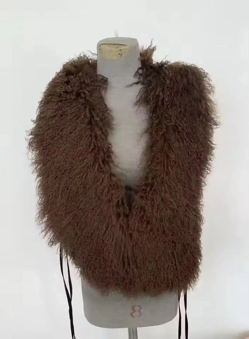 Fluffy Luxury  Real Mongolian Fur Halter Vests Women Solid Deep V-Neck