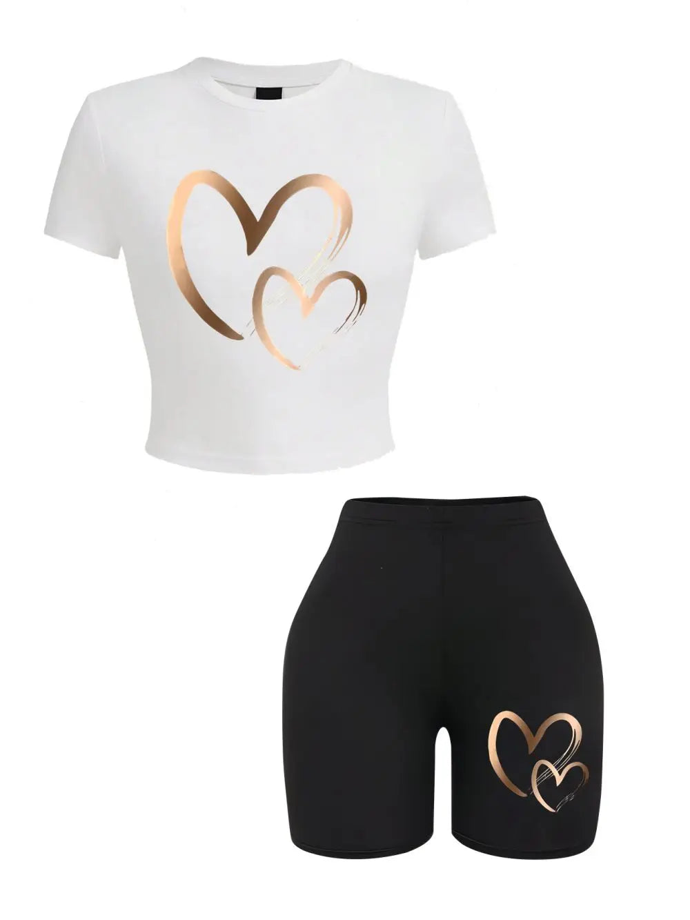 Summer Women Slim-fit T-Shirts & Shorts 2 Pieces Set Simple Hearts