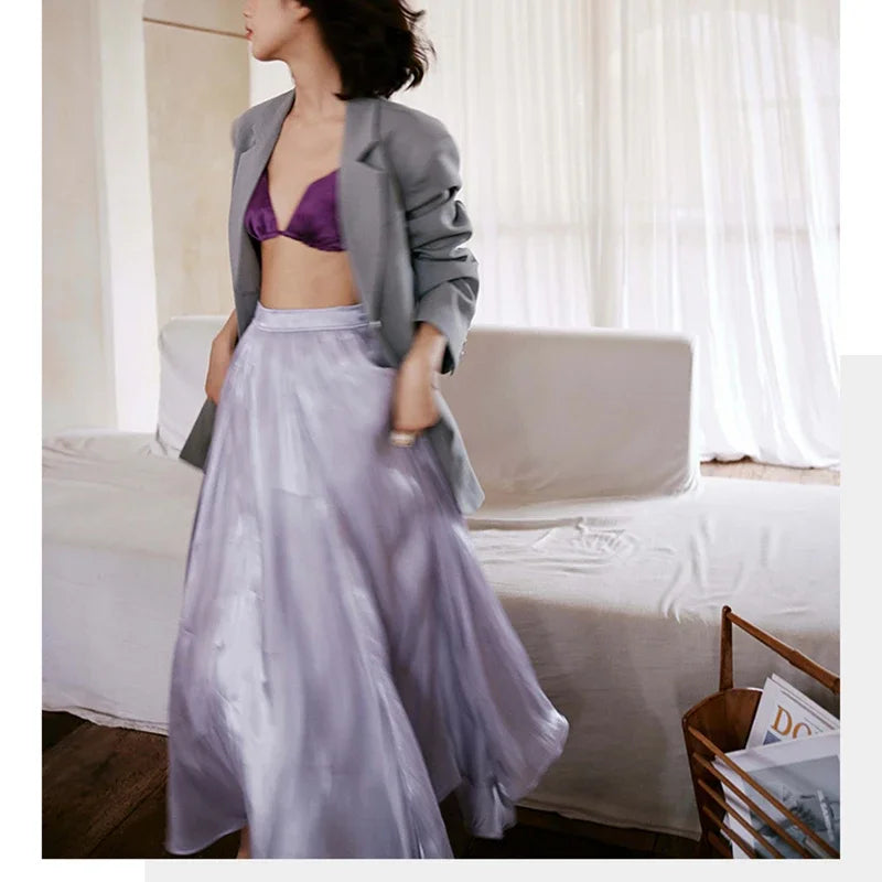 Hirsionsan Satin High Waist Skirts Women 2024 New Soft Smooth Silk