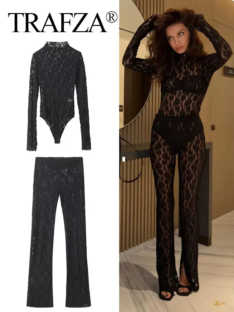 TRAFZA Womens Lace Pants Sets Slim Jumpsuits Top + High Waist Trousers