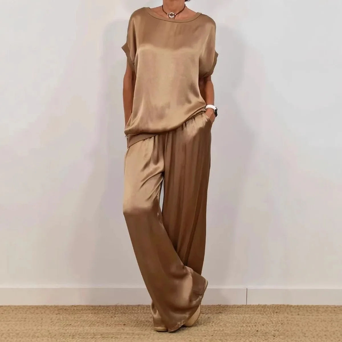 Casual Loose Satin T Shirt Pants Two Piece Sets Women Fashion O-neck