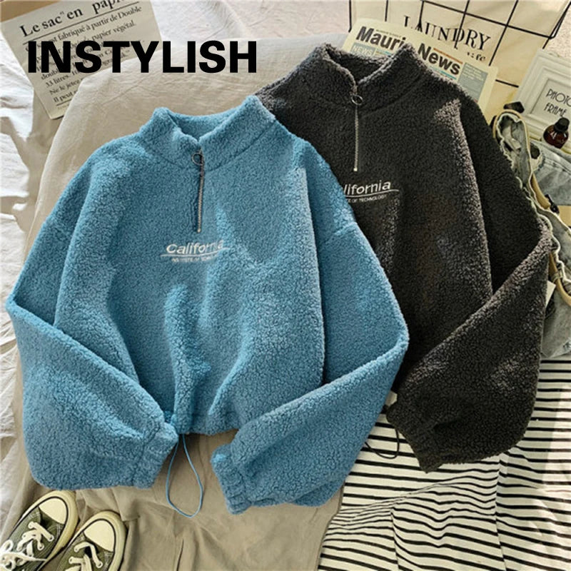 Women Stand Neck Fleece Cropped Hoodies Autumn Letter Embroidery Long